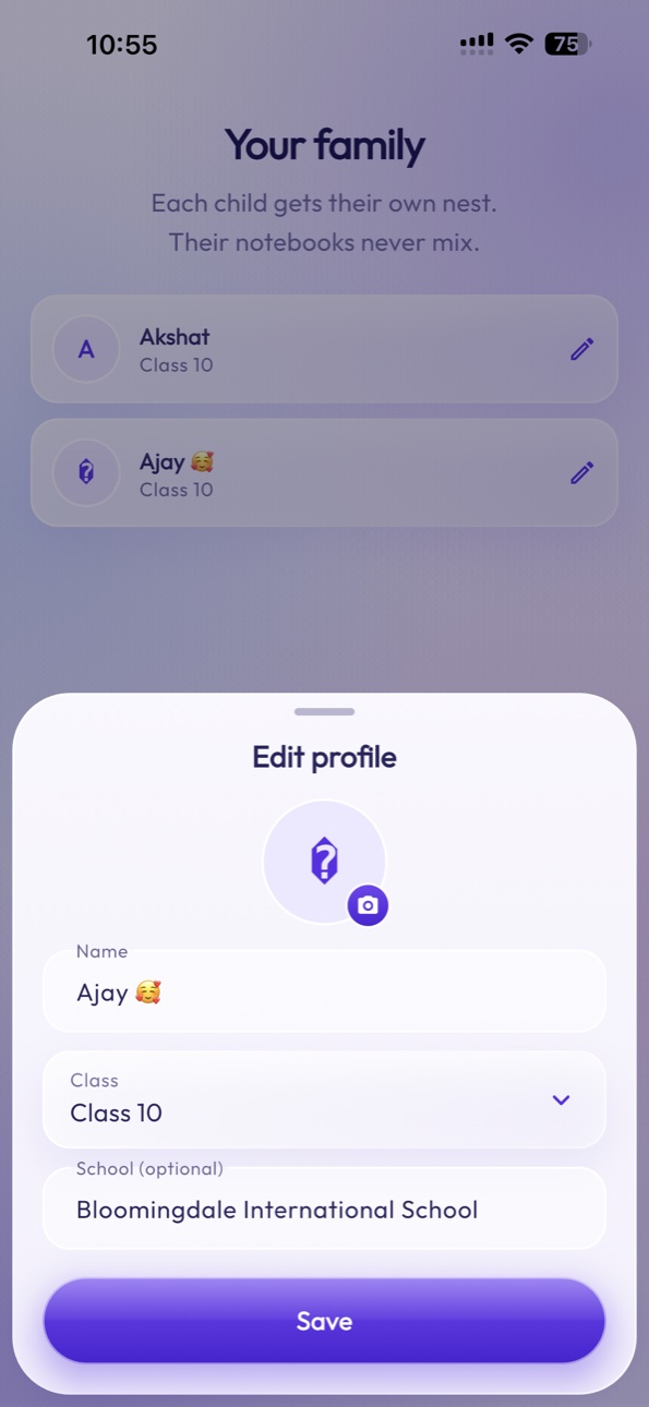 StudyNest child details setup screen on iPhone 15 Pro Max