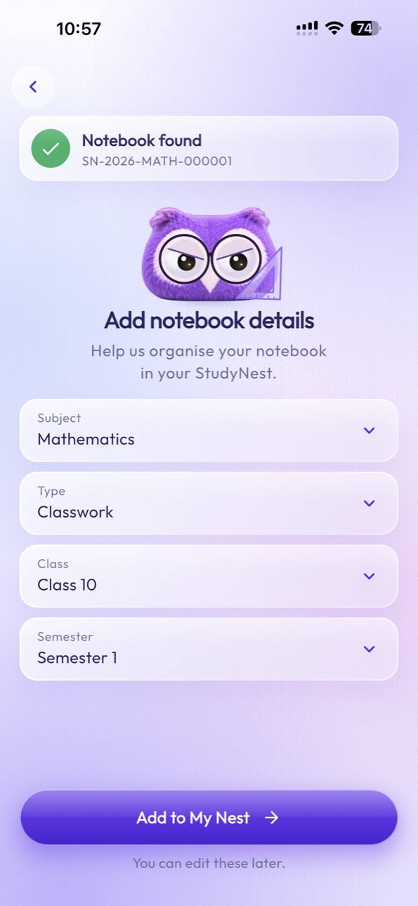 StudyNest notebook found and details screen on iPhone 15 Pro Max