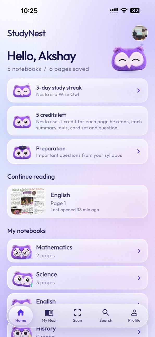 StudyNest Home screen on iPhone 15 Pro Max