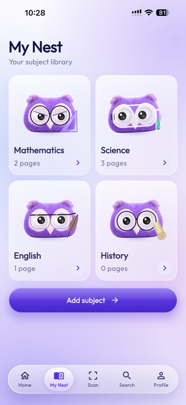 StudyNest My Nest screen on iPhone 15 Pro Max