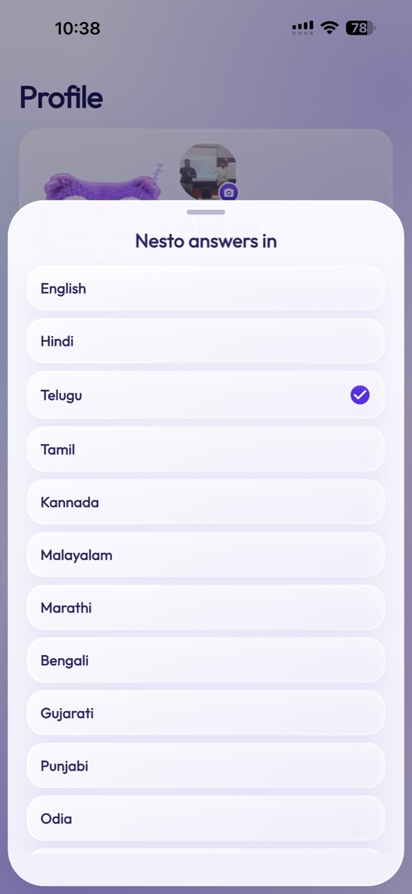 StudyNest Nesto answer language screen on iPhone 15 Pro Max
