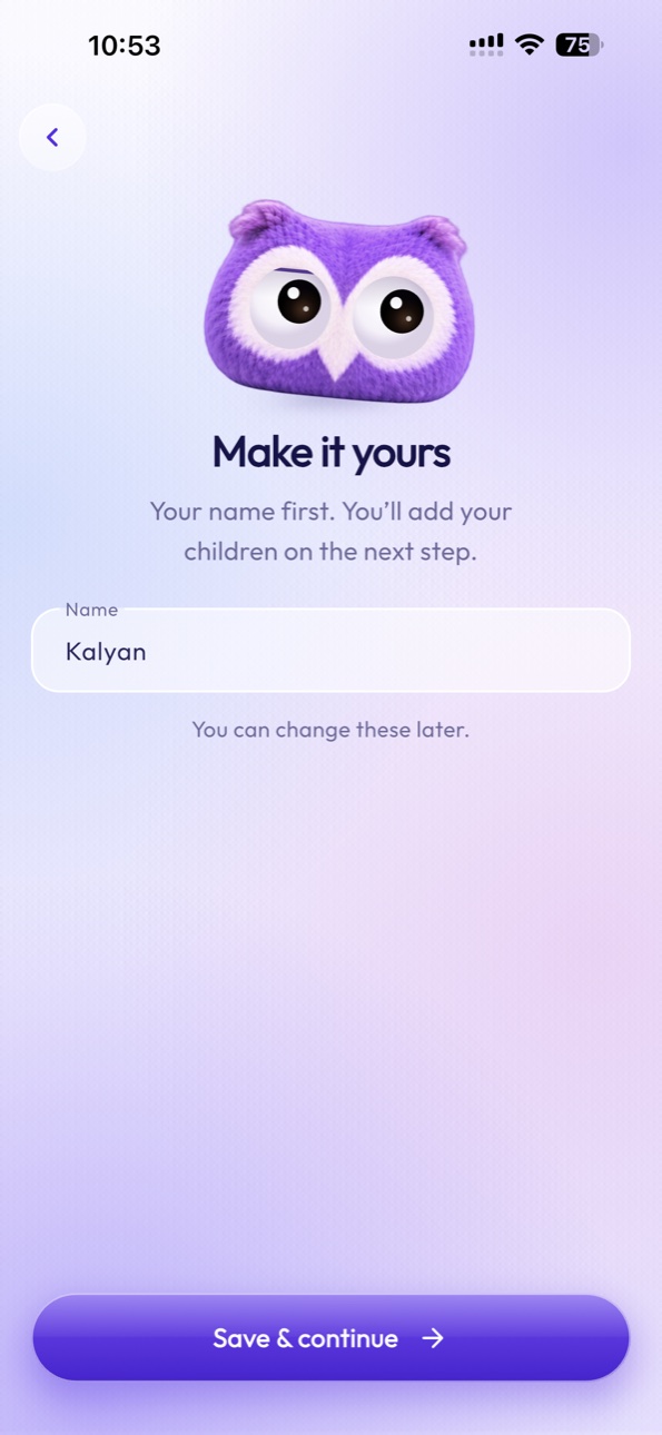 StudyNest parent name setup screen on iPhone 15 Pro Max