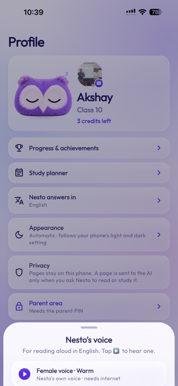 StudyNest read aloud voice selection screen on iPhone 15 Pro Max